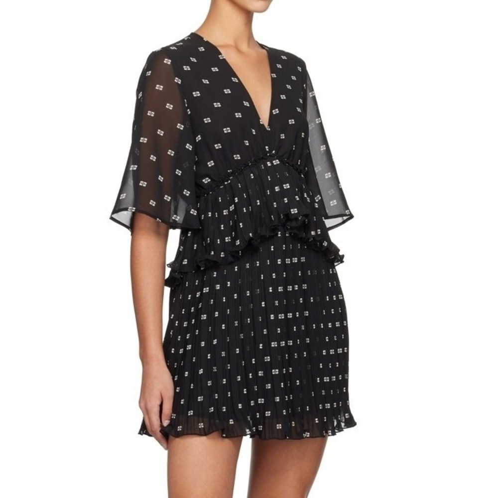 GANNI Black Pleated Georgette V Neck‎ Flounce Mini Dress Short Sleeve EU38 US6 - Picture 3 of 16